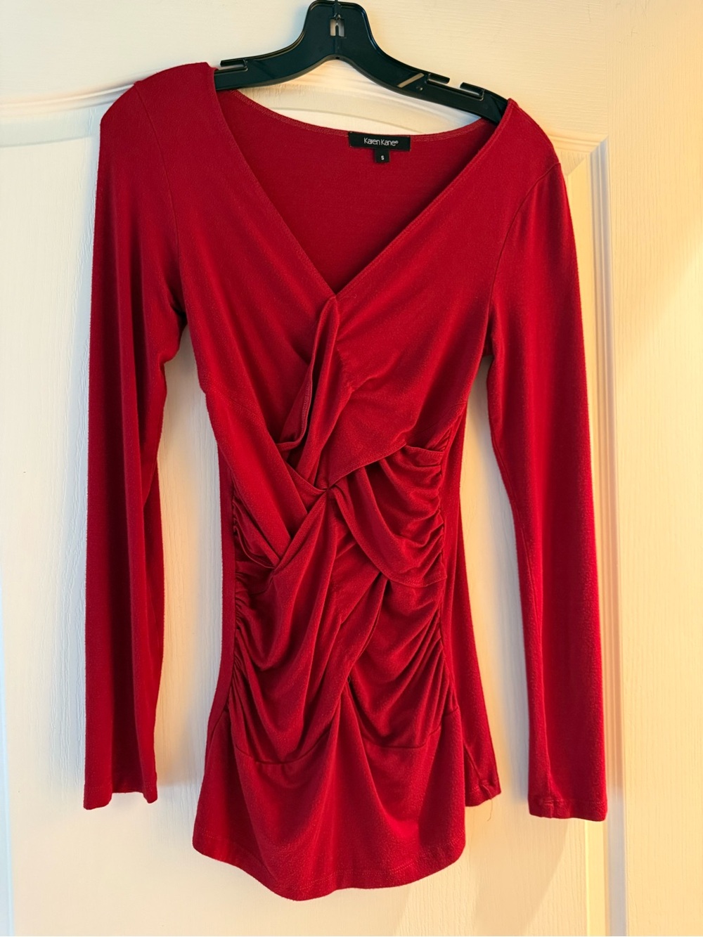 Karen Kane Red Long Sleeve Ruched V-Neck Top